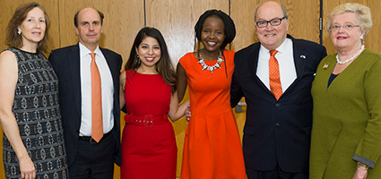 Gathering at an October 30 ceremony at the Maxwell School, at which the first Thompson Scholars were named, were (from left) Deborah and Steven Barnes (the latter, current chair of the Syracuse University Board of Trustee), inaugural Thompson Scholars Sonia Rangel and Amy Majani, and fund honorees Dick and Jean Thompson.
