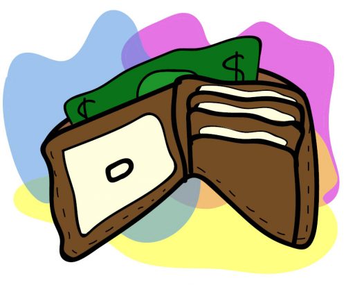 A doodle of a wallet with money sticking out of the pouch.