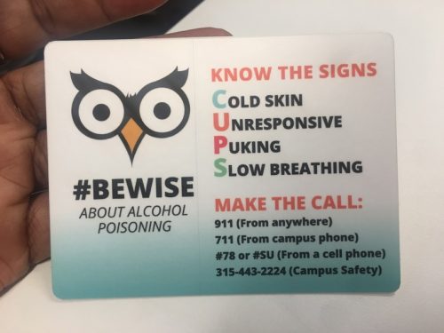 CUPS sticker to show signs of alcohol poisoning. Cold skin, unresponsive, puking, slow breathing
