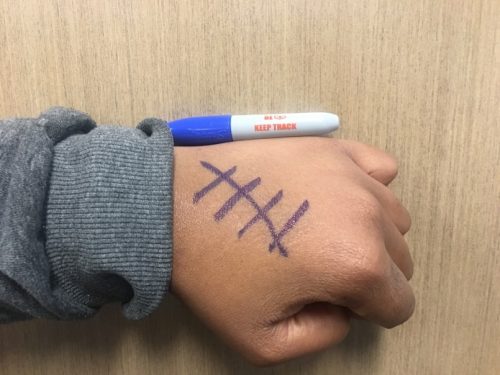 a student's hand with hash marks to keep track of their drinks