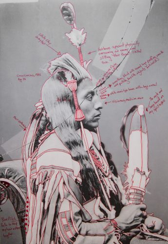 a portrait of an indigenous man with Red Star's line drawings