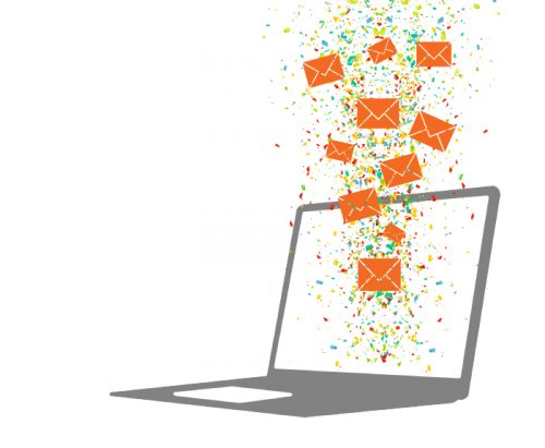 A drawing of a laptop with orange email envelopes exploding from the screen