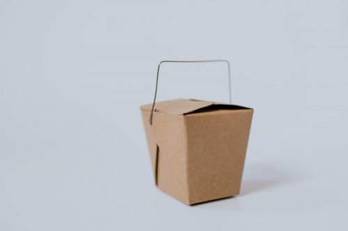 A cardboard take out container