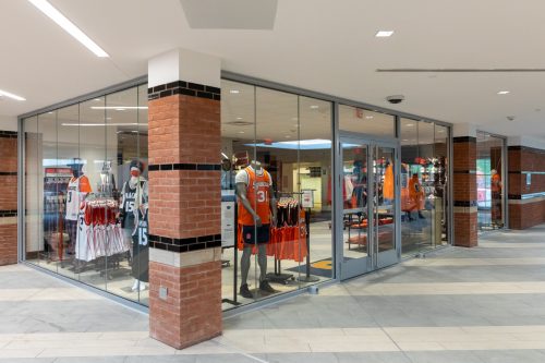 The glass entryway to the Campus Store. 