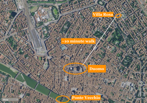 Map of Florence showing how close Villa Rossa is to the center of the city. 