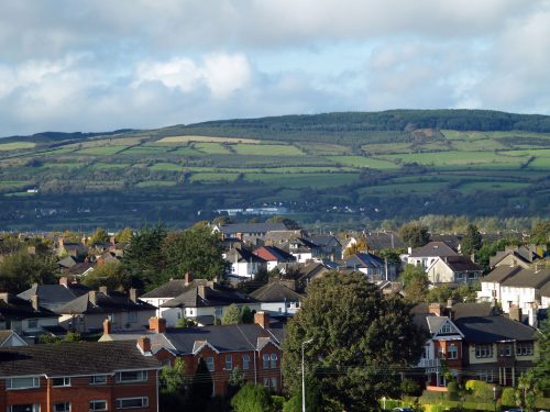 The Ireland country side with rolling hills and pastures.