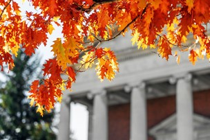 Orange leaves frame the Hendricks Chapel Roman columns. 