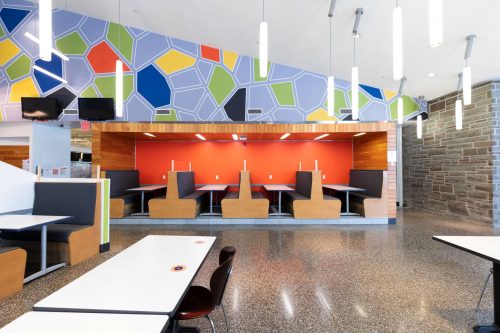 The colorful geometric wall at the Sadler dining center.