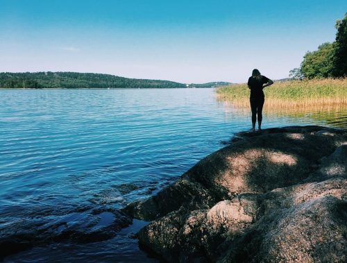 A person's silhouette stands out in front of a grassy wetland abroad.