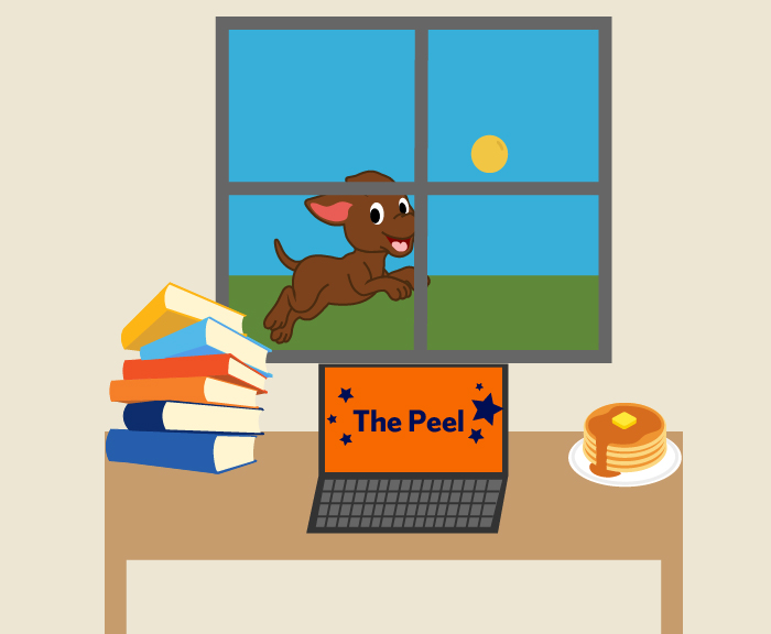 Illustration of a laptop sitting on a desk in between a stack of books and a plate of pancakes. The laptop screen reads 
