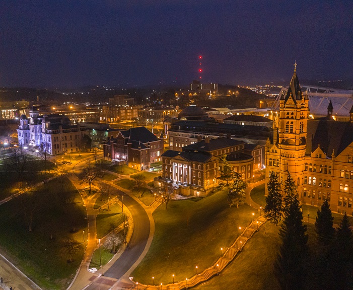 Drone shot of campus at night