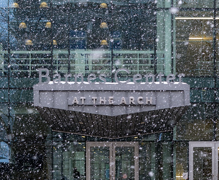 Barnes Center at The Arch while it snows