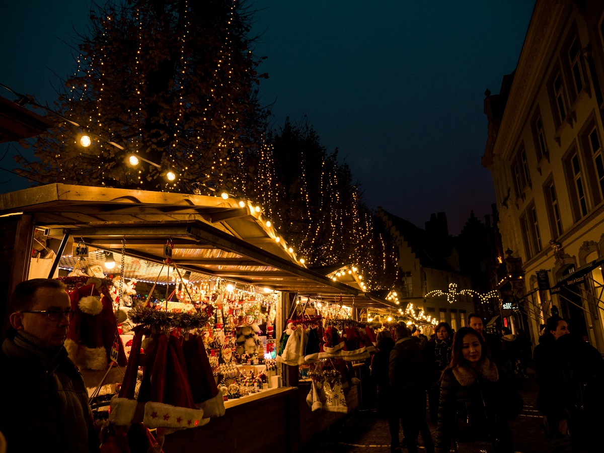 Stands at a holiday night market.