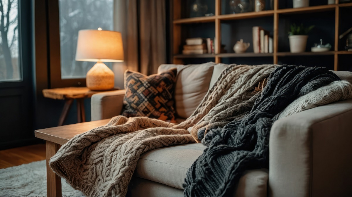 A cozy living room with a couch and knitted blankets