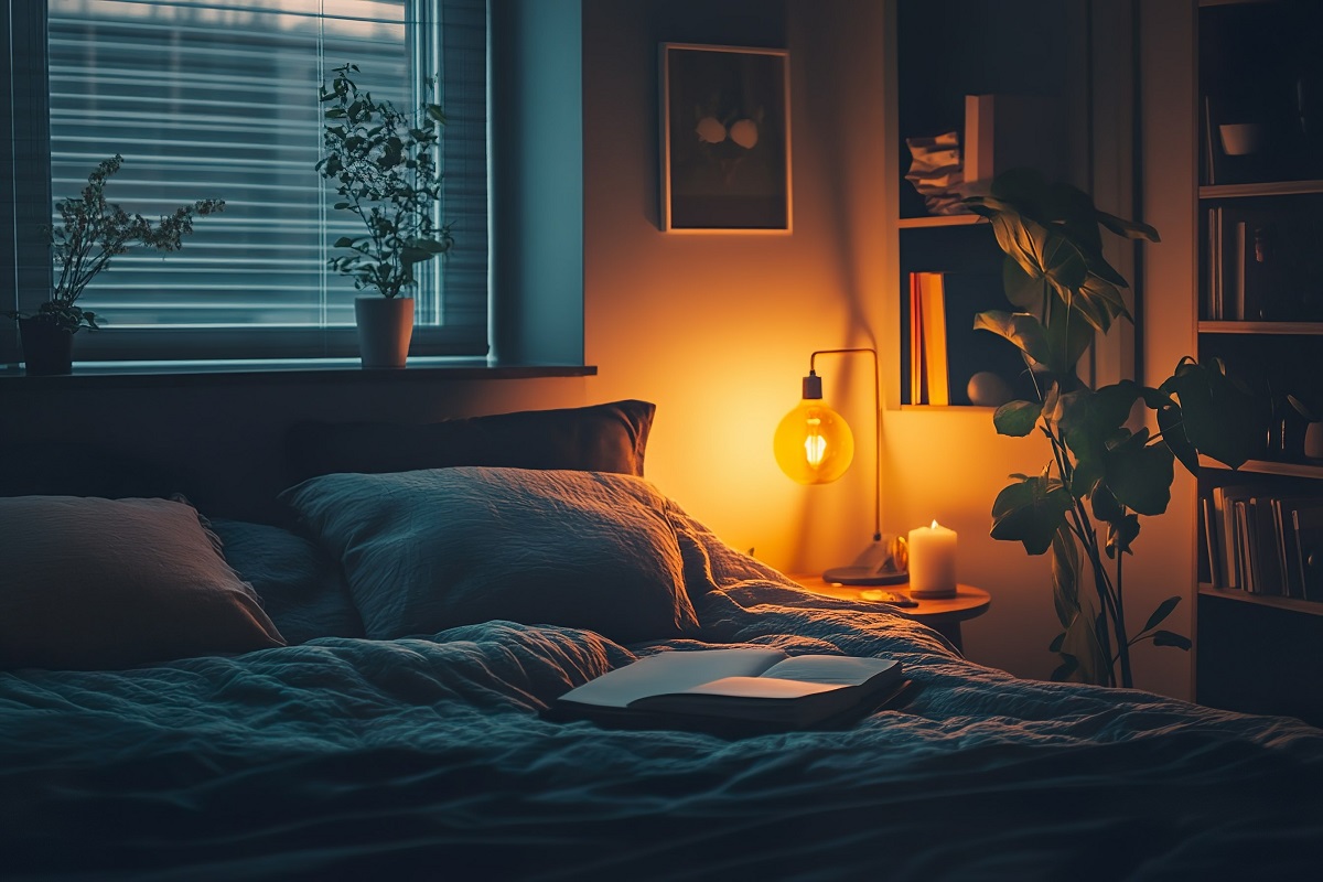 A cozy bedroom with warm lighting from a table lamp