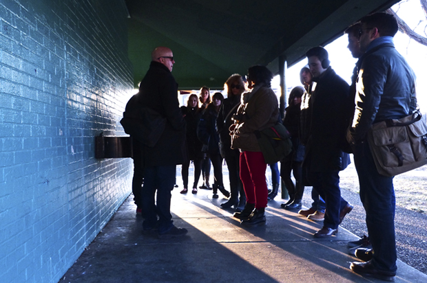School of Architecture design students visit the existing structure at Skiddy Park.