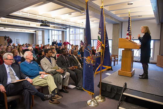 U.S. Sen. Kirsten Gillibrand visits the Maxwell School in January 2014. The new Carnegie Corp. grant will facilitate efforts to bridge the gap between academia and policy makers.