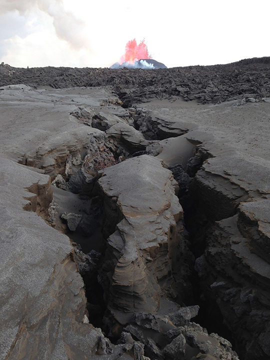 Open fissures above subsurface magma conduit or channels feed the volcano's eruptive vents.