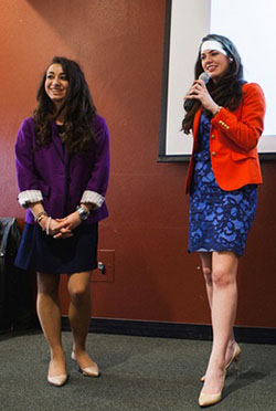 Adrianna M. Kam ’15 (left) and  Alexandra Curtis ’14 present at an ‘Elect Her’ event last spring to encourage young women to pursue leadership roles. Another event is being held Saturday, Nov. 15.