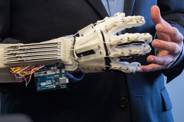 The prototype of a glove that enables the wearer to control a robotic hand with high precision and haptic feedback. Their project won a $2,000 RvD IDEA Award