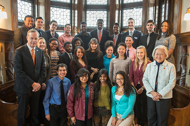 Syracuse University Scholars are pictured with Chancellor Kent Syverud, left, Posse Foundation President Deborah Bial, center, and Dr. Ruth Chen, right, at a luncheon Feb. 4 at the Chancellor’s House. 
