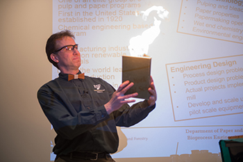•SUNY-ESF professor Gary Scott gives a demo-lecture on paper engineering during STEM Day on the Hill.