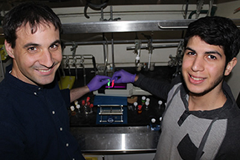 Tennyson Doane, left, and Kevin Cruz '18 hold perovskites of different colors.