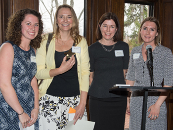 CFSA Mentor of the Year Professor Kari Segraves holds up her award with (L-R) Goldwater winner Jessica Toothaker '17, CFSA Director Jolynn Parker, and Fulbright recipient Kait Hobson '16. 