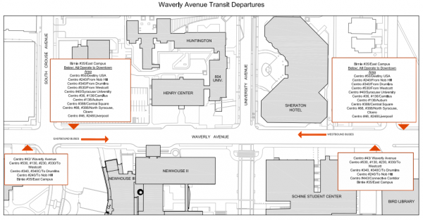 Map of new bus stops on Waverly Avenue. Full text with information is below the map.