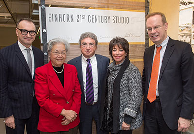 Steven and Sherry Einhorn, third and fourth from left, celebrate the Einhorn 21st Century Studio with, from left, Syracuse Architecture Dean Michael Speaks, Dr. Ruth Chen and Chancellor Ken Syverud.