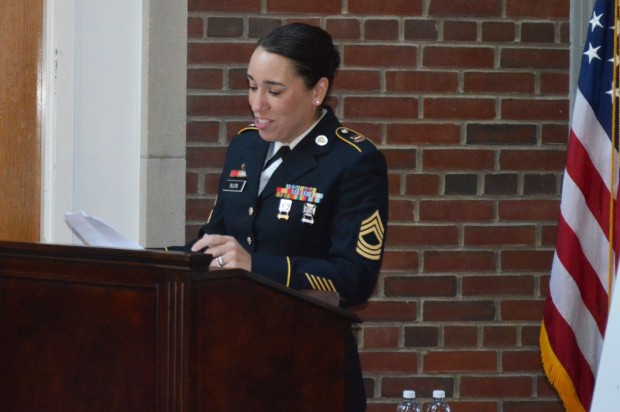 Jennifer Pluta, assistant director of veteran career services in Career Services and the Office of Veteran and Military Affairs, spoke this week at the Employer Support for the Guard and Reserve signing ceremony with Chancellor Kent Syverud to highlight her appreciation for the University’s support of her time away with her military commitments.