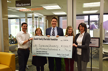 Holding a  ceremonial check for Blackstone LaunchPad's win are, from left to right: Braden Croy, program manager, Blackstone LaunchPad Linda Dickerson Hartsock, executive director, Blackstone LaunchPad Scott Warren, associate dean for research and scholarship Natasha Cooper, collection development and analysis librarian Stephanie McReynolds, librarian for business, management, and entrepreneurship 