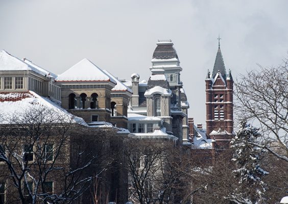 Snowy rooftops of campus buildings