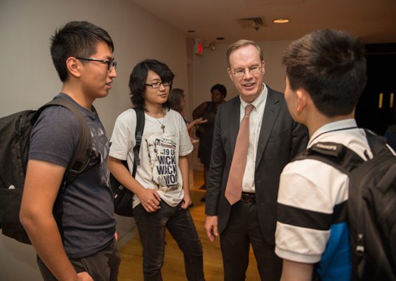 Chancellor speaking with students