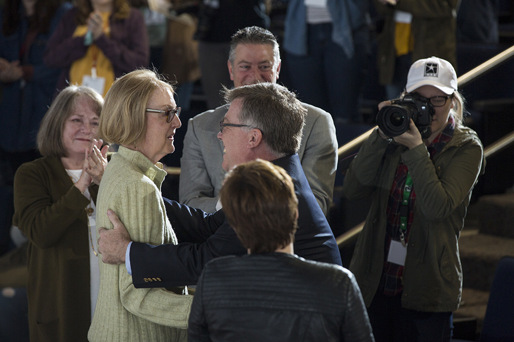 ATPI past president Bradley Wilson congratulates Sherri Taylor. (Photo by Rob Mattson)