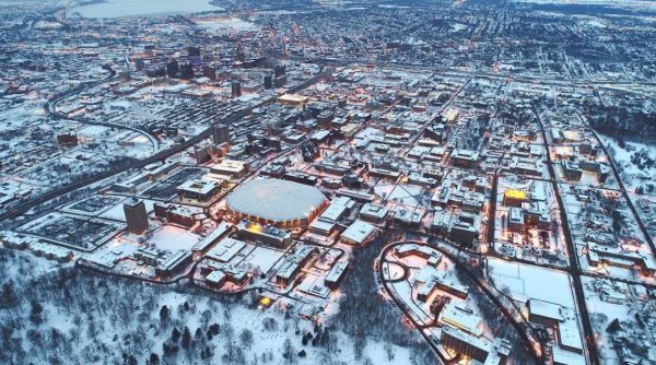 winter campus scene from above