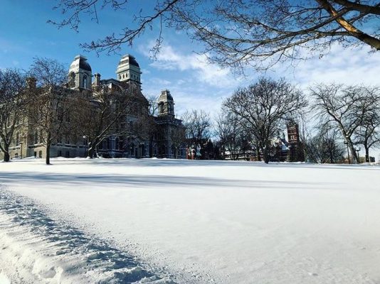 snow-covered lawn in front of Hall of Languages