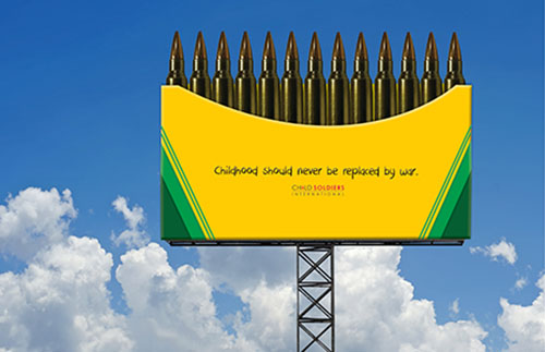 What looks like a crayon box filled with nuclear warheads, labled with "Childhood should never be replaced by war"