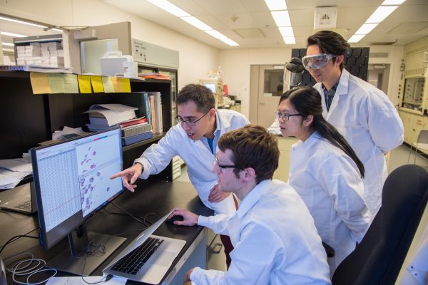 Carlos Castañeda (left), assistant professor of biology and chemistry, in his lab with (from left) graduate student Brian Martyniak, postdoc Thuy Dao and grad student Tongyin Zheng.