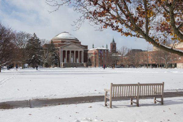 snow-covered buildings on Shaw Quad