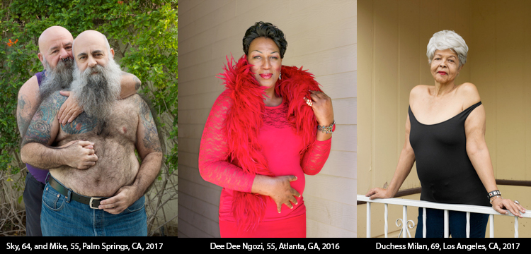 Three photos: Two men embracing, a woman in red facing the camera, and a woman on a balcony