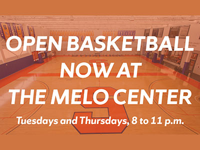 Notice about open basketball at Melo Center Tuesdays and Thursdays, 8-11 p.m.