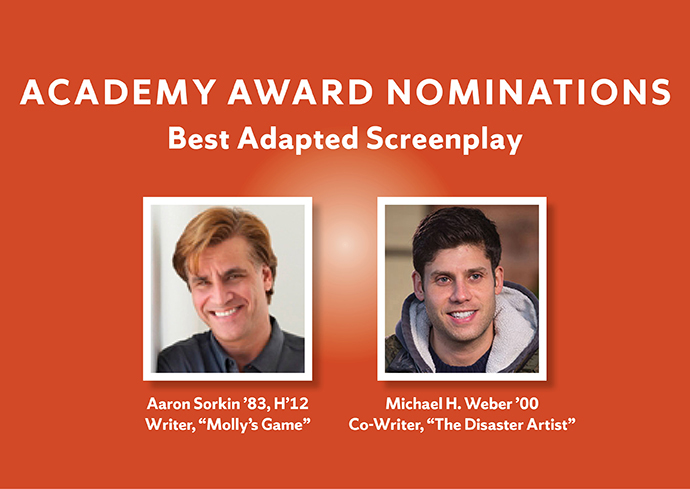 graphic with photos of Aaron Sorkin and Michael Weber with "Academy Award Nominations, Best Adapted Screenplay