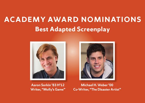 graphic with photos of Aaron Sorkin and Michael Weber with "Academy Award Nominations, Best Adapted Screenplay"
