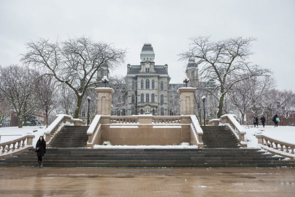 snow-covered campus and Hall of Languages