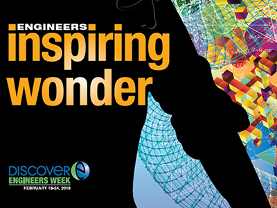 2018 Engineering Week logo "Inspiring Wonder" with colorful abstract design