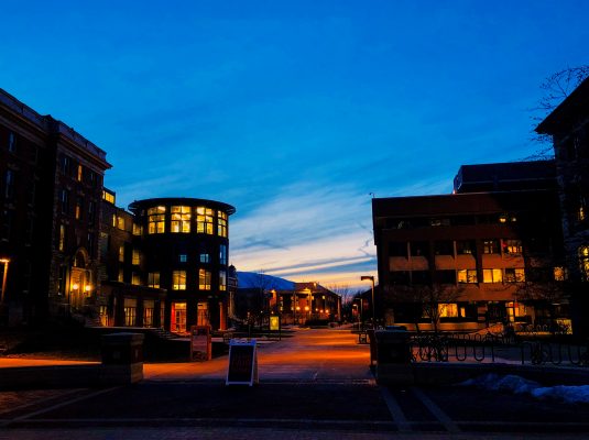 campus buildings at night