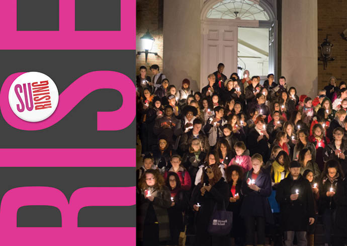 SU Rising logo with photo of candlelight vigil