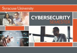 Cybersecurity graphic, with photos of students working on computers