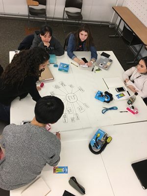 Students working around a table with "Party Host Problems" wheel in the middle
